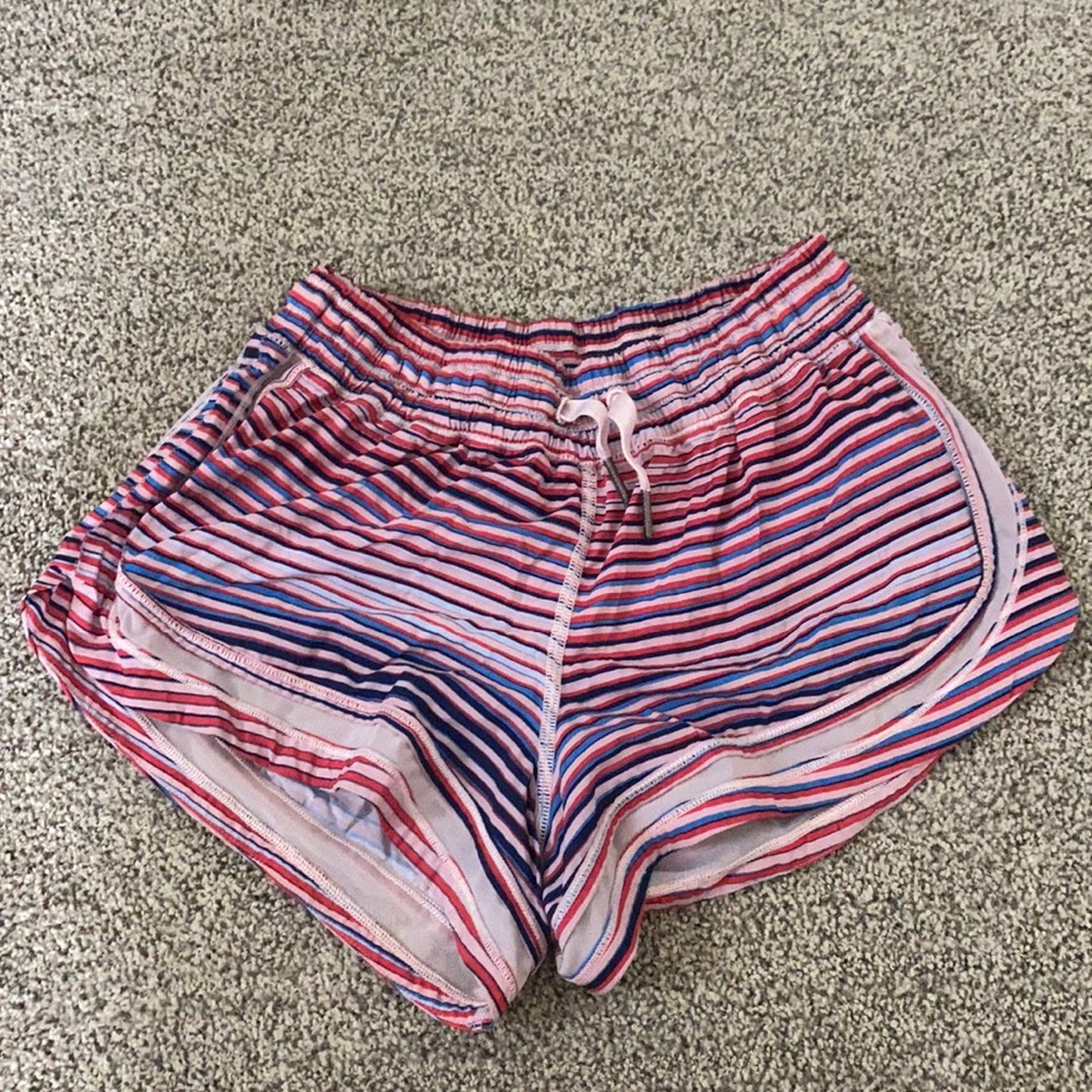 Lululemon pink and blue striped running shorts